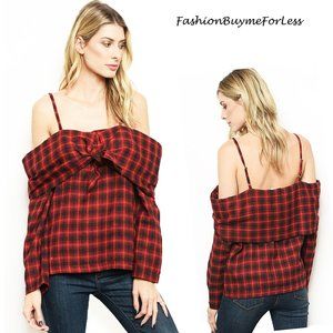Wide Collar Off Shoulder Plaid Checkered Tunic Top